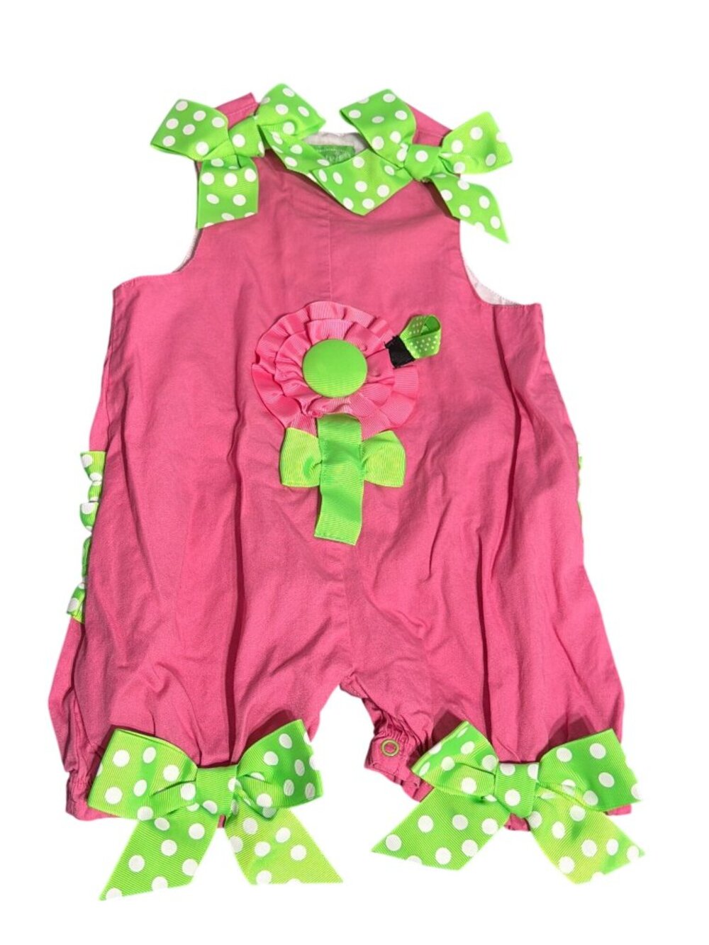 Mud Pie Pink Green Polka Dot Bow Romper Flower Ribbon Jumper Bubble 0-6 Months